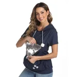 Women's Short-sleeved T-shirt Hooded Top With Large Pockets - Navy