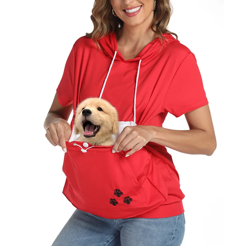 Women's Short-sleeved T-shirt Hooded Top With Large Pockets - Red