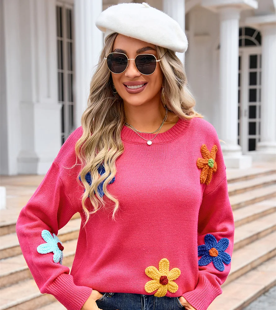 Women's Flower Sweater Plus Size Loose Round Neck Rose Red - Shop at LoveMi