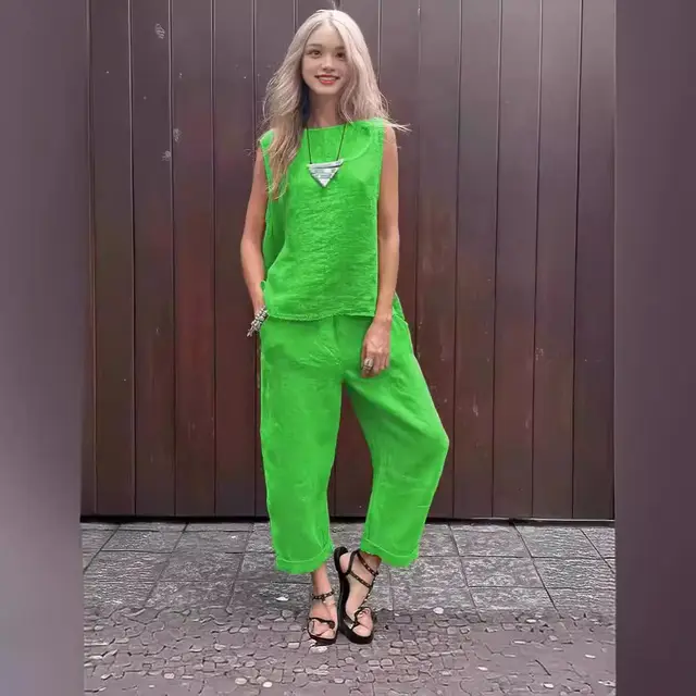 Cotton And Linen Fashion Casual Loose Two piece Suit Sleeveless Top Loose Trousers Women's Suit Green - Shop at LoveMi