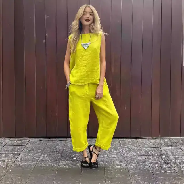 Cotton And Linen Fashion Casual Loose Two piece Suit Sleeveless Top Loose Trousers Women's Suit Yellow - Shop at LoveMi