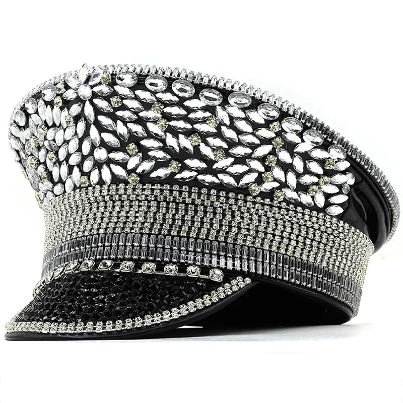 Women's Diamond Wedding Hat Silver Sequined Diamonds Photography Hat Peaked Cap Flat top Hat Performance Cap Black - Shop at LoveMi