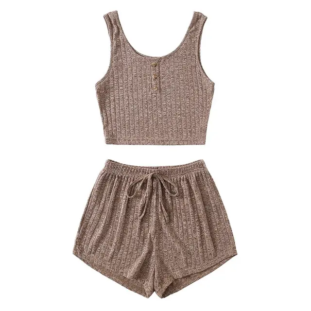 Women's Fashion Slim Fit Vest Shorts Set Khaki - Shop at LoveMi