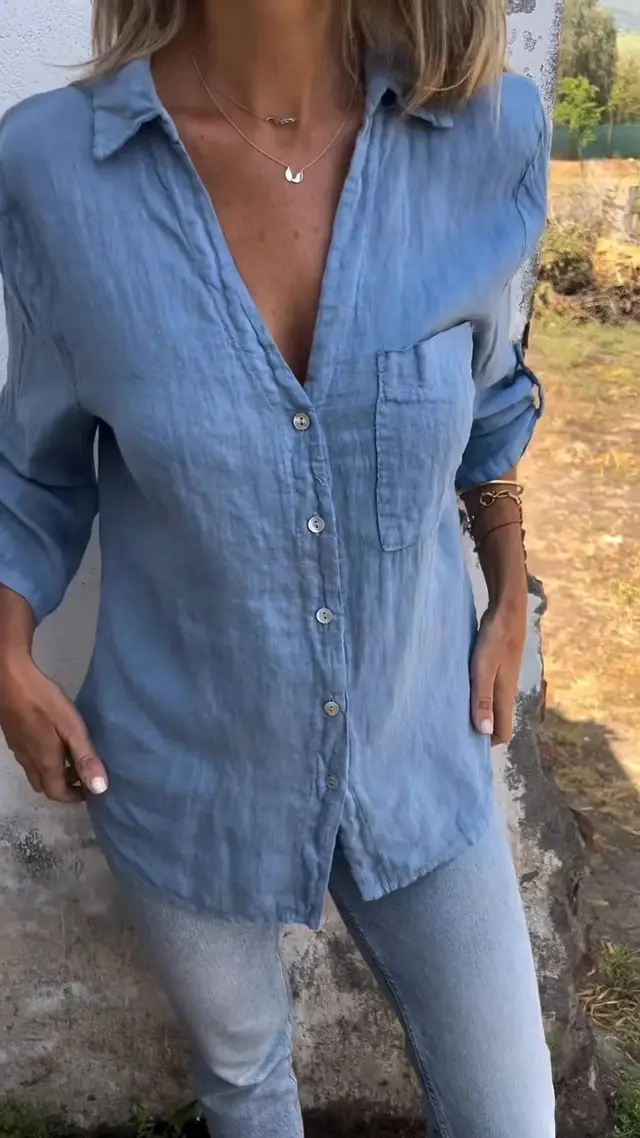 Summer Women's Solid Color Simple Shirt Blue - Shop at LoveMi