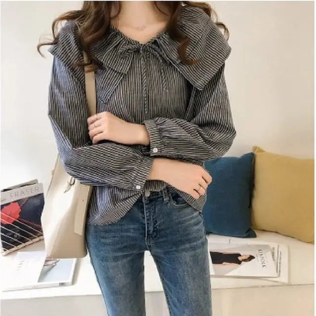 Temperament Commute Single breasted Striped Pullover Lapel Shirt Black - Shop at LoveMi