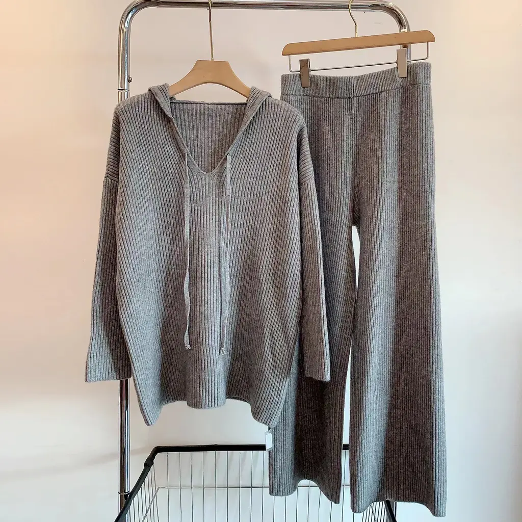 Fashionable Knitted Suit Fall Winter Hooded Loose Casual Sweater Wide Leg Pants Two-piece Set - Grey