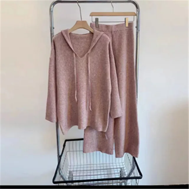 Fashionable Knitted Suit Fall Winter Hooded Loose Casual Sweater Wide Leg Pants Two piece Set Pink - Shop at LoveMi