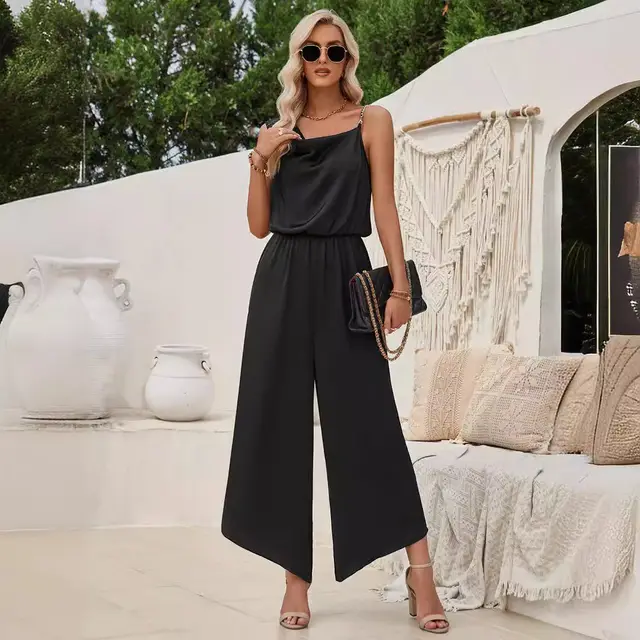 Fashion Casual Solid Color Suspender Waist Wide Leg Jumpsuit Black - Shop at LoveMi