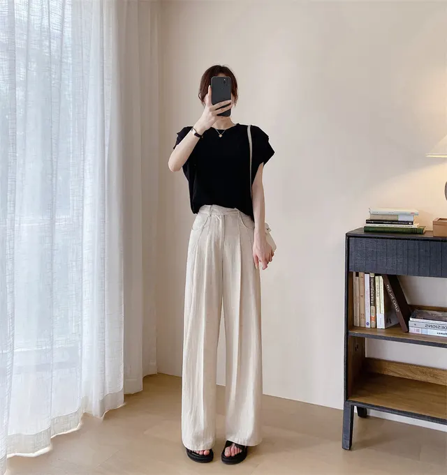 Tencel Linen Wide leg Pants Thin High Waist Casual Sun proof Cotton Linen Straight Trousers Optic Linen - Shop at LoveMi
