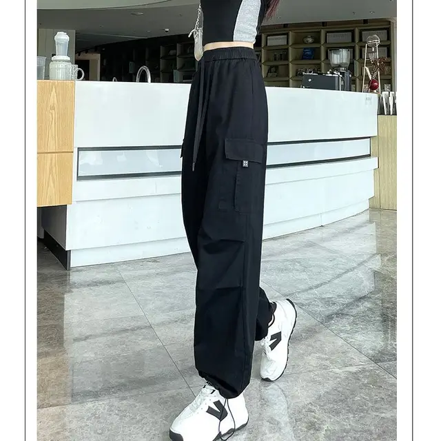 Drawstring Tooling Style High Waist Design Sense Ankle tied Sports Wide leg Pants Black - Shop at LoveMi