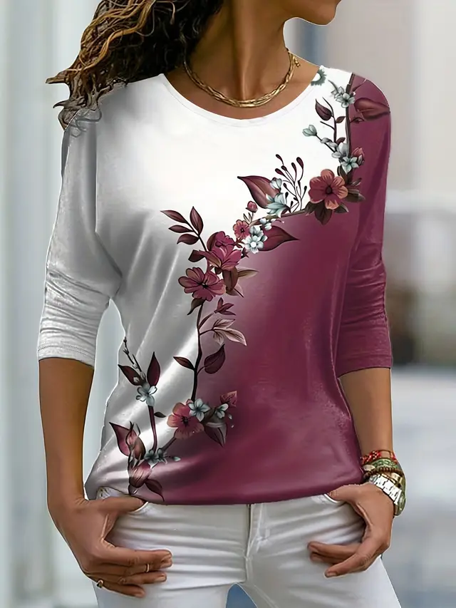 Floral Multicolor Printing Round Neck Casual Long Sleeve 5Z0De - Shop at LoveMi