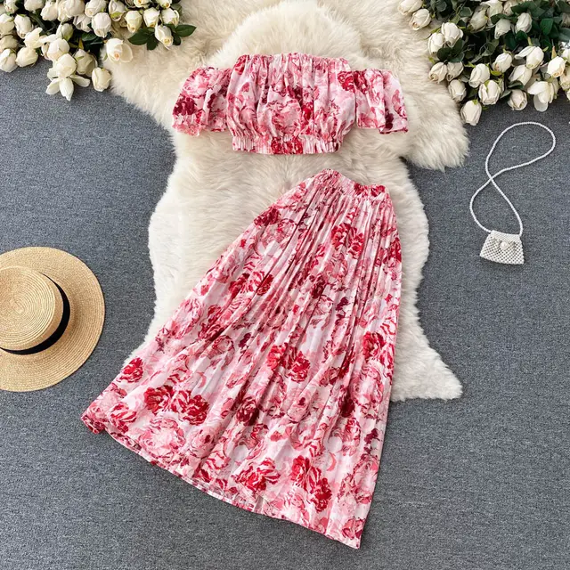 Women's Vacation Style Design Off shoulder Short sleeved Tube Top Pleated Skirt Two piece Set Pink - Shop at LoveMi