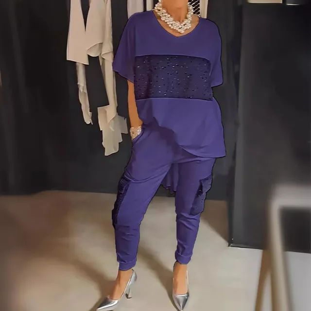 Plus Size Women's Casual Summer Temperament Leisure Short Sleeve Top And Trousers Suit Purple - Shop at LoveMi