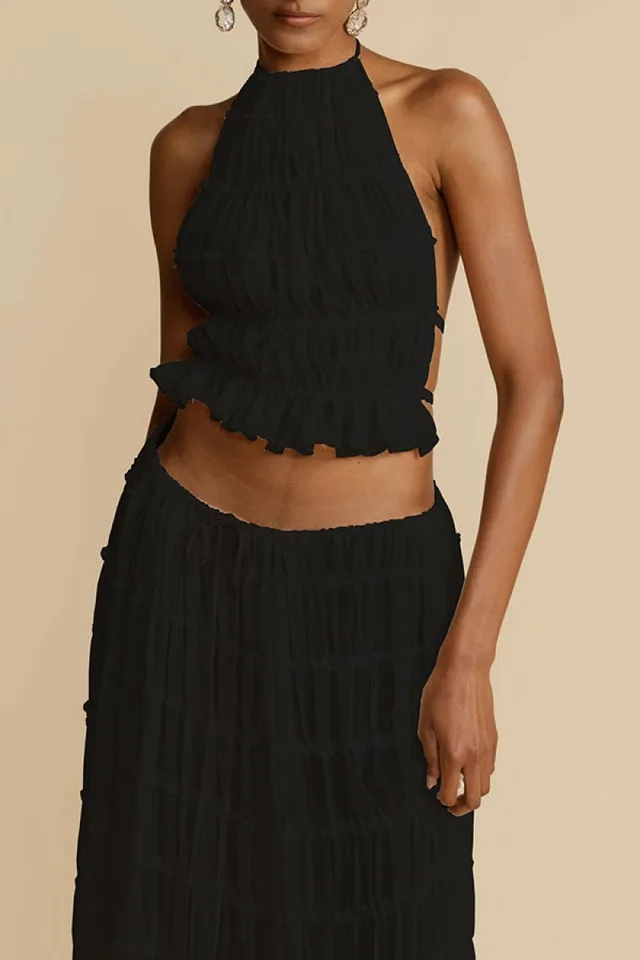 Summer New Backless Halter Strap Drawstring Chiffon Pleated Dress Two piece Set Black - Shop at LoveMi