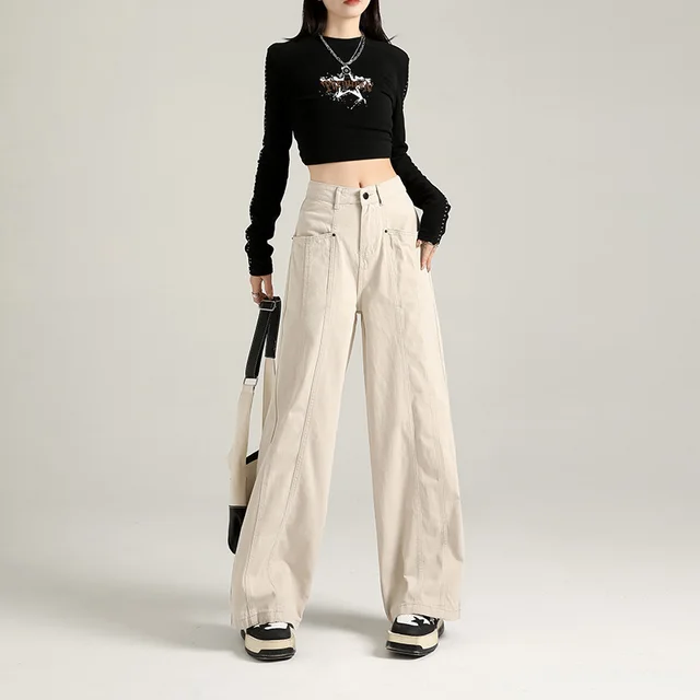Personalized Street Style Loose Denim Trousers Beige Apricot Lengthened - Shop at LoveMi