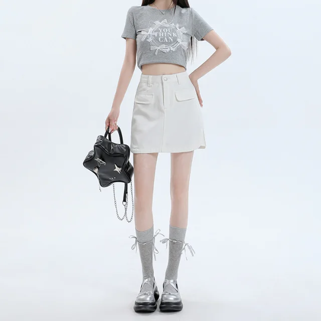 Irregular Half length Denim Skirt White - Shop at LoveMi