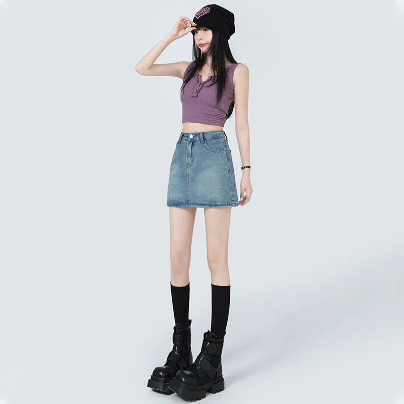 Summer Denim Skirt Lining High Waist A- Line Skirt - Blue