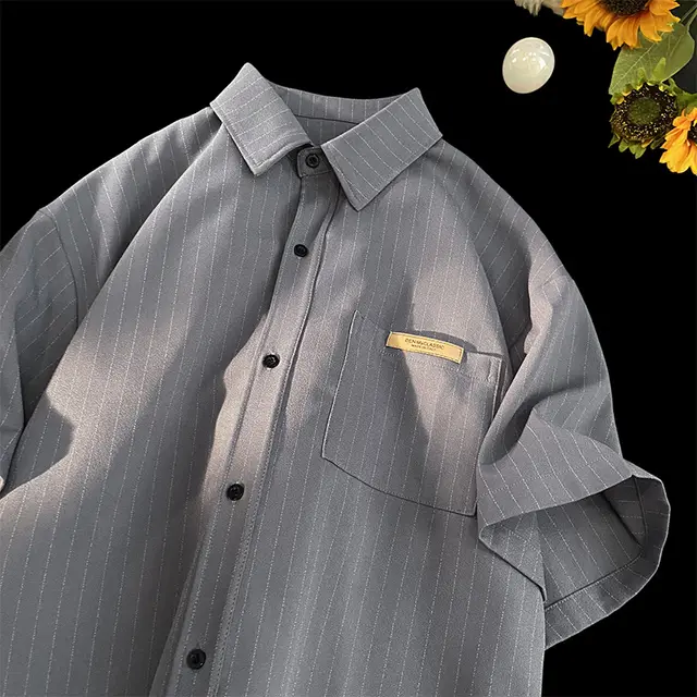 High grade Striped Shirt Casual Loose Thin Coat Gray - Shop at LoveMi