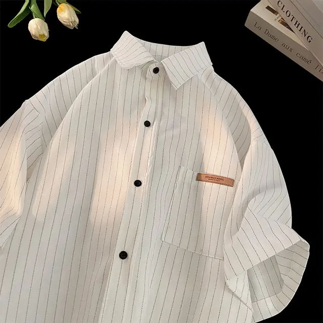 High grade Striped Shirt Casual Loose Thin Coat White Stripes - Shop at LoveMi