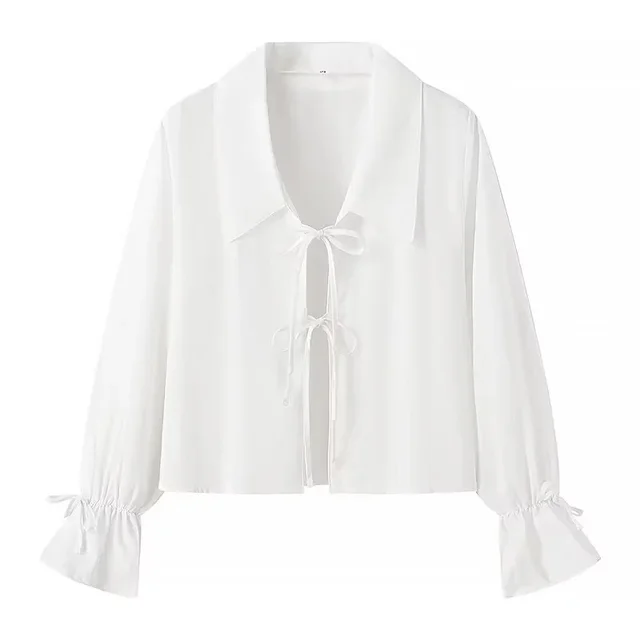 Women's Fashionable All matching Solid Color Flare Sleeve Tie neck Slimming Shirt And Shorts Two piece Set White - Shop at LoveMi
