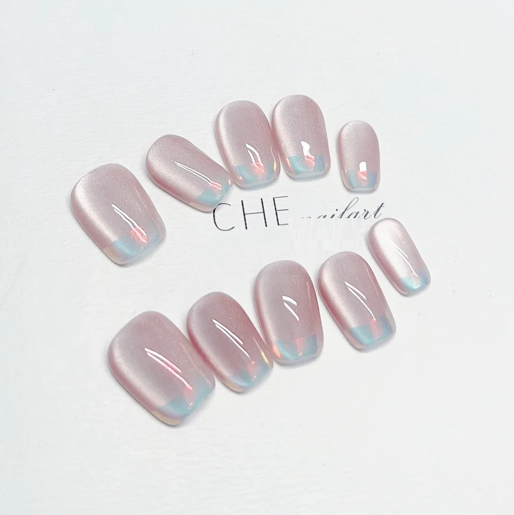 Handmade Custom Wear Nail Phototherapy Pink Purple Cat's Eye Nail Sticker - Short Square
