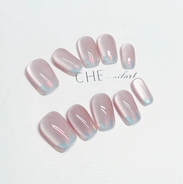 Handmade Custom Wear Nail Phototherapy Pink Purple Cat's Eye Nail Sticker Short Square - Shop at LoveMi