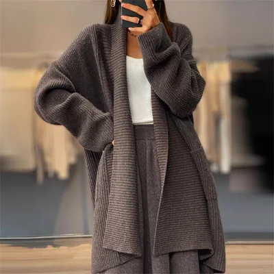 Solid Color Knitted Cardigan Loose Pockets Sweater Coat Brown - Shop at LoveMi
