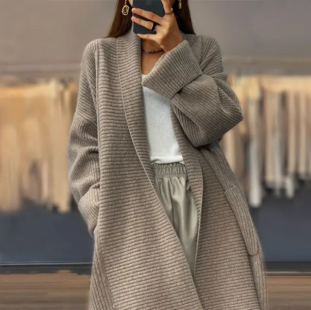 Solid Color Knitted Cardigan Loose Pockets Sweater Coat Khaki - Shop at LoveMi