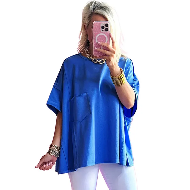Women's Solid Color Loose Pockets Stitching Short sleeved Top T shirt P305 - Shop at LoveMi