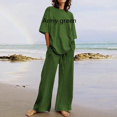 Cotton And Linen Home Solid Color Two piece Suit Army Green - Shop at LoveMi