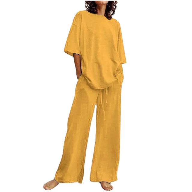 Cotton And Linen Home Solid Color Two piece Suit Yellow - Shop at LoveMi