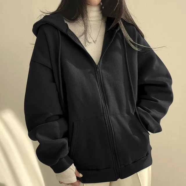 Zipper Plush And Thick Hood Sweater Women's Coat Black Thin - Shop at LoveMi