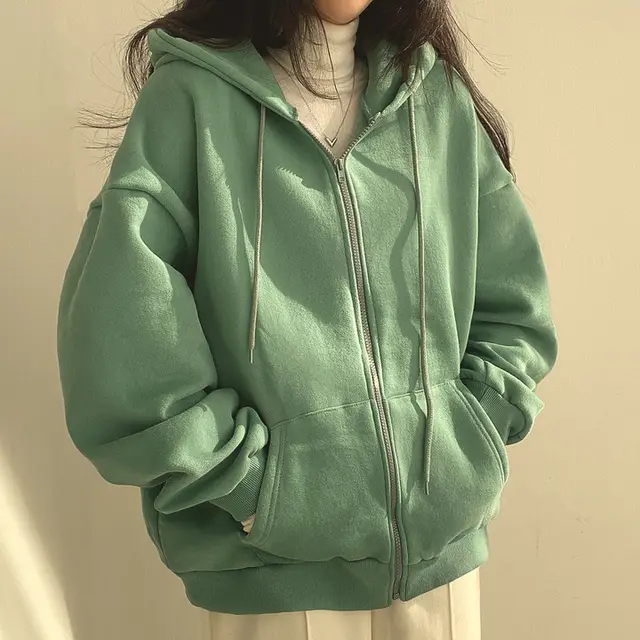 Zipper Plush And Thick Hood Sweater Women's Coat Green Thin - Shop at LoveMi