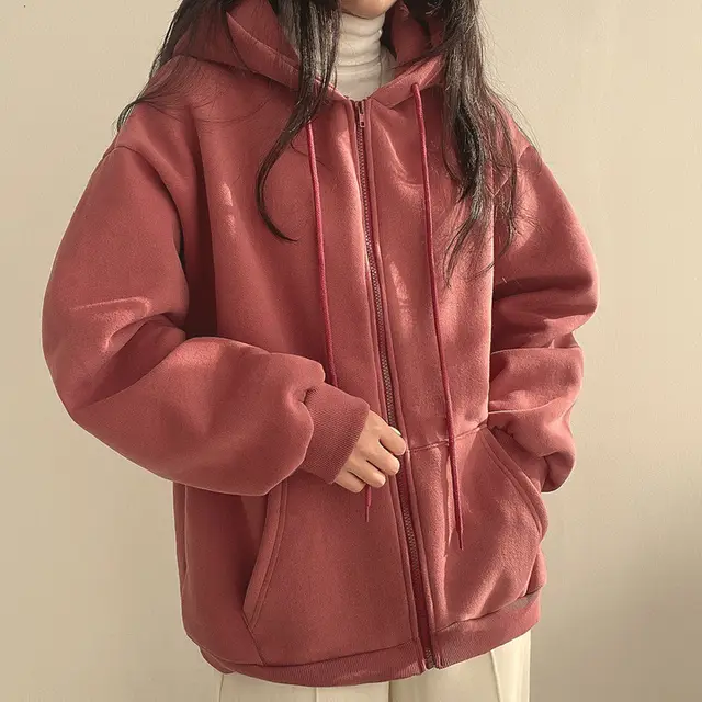 Zipper Plush And Thick Hood Sweater Women's Coat Purplish Red Thin - Shop at LoveMi