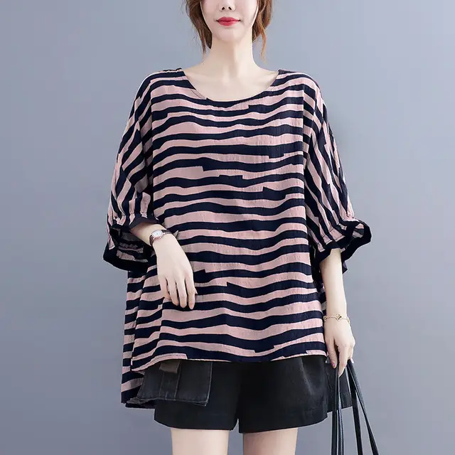 Summer Women's Loose Plus Size Striped Batwing Sleeve T shirt Navy Blue Stripes - Shop at LoveMi