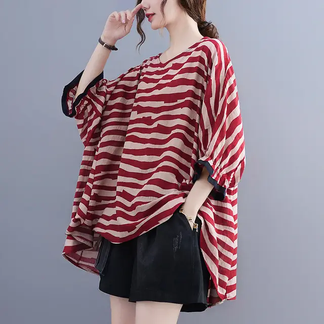 Summer Women's Loose Plus Size Striped Batwing Sleeve T shirt Red Stripes - Shop at LoveMi