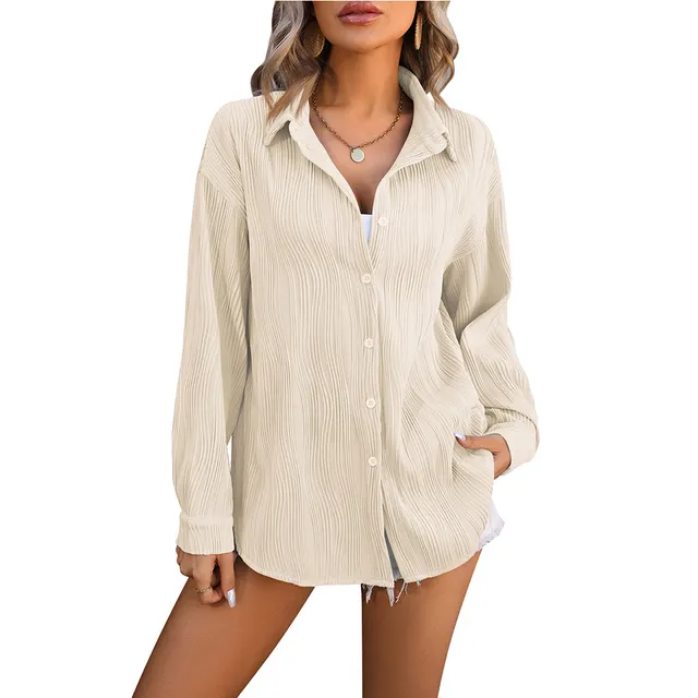European And American Wave Texture Loose Fashion Shirt Apricot - Shop at LoveMi