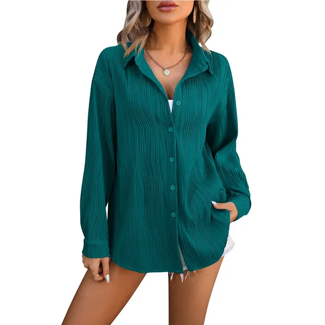 European And American Wave Texture Loose Fashion Shirt Peacock Blue - Shop at LoveMi