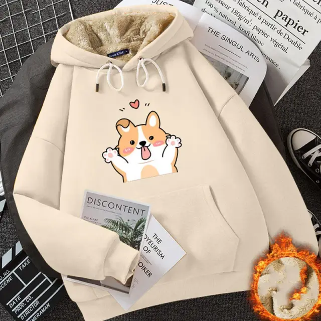 Cashmere Hoodie Women's Fleece lined Thickened Beige Raise Your Hand Dog - Shop at LoveMi