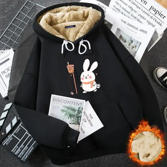Cashmere Hoodie Women's Fleece lined Thickened Black Renewal Rabbit - Shop at LoveMi