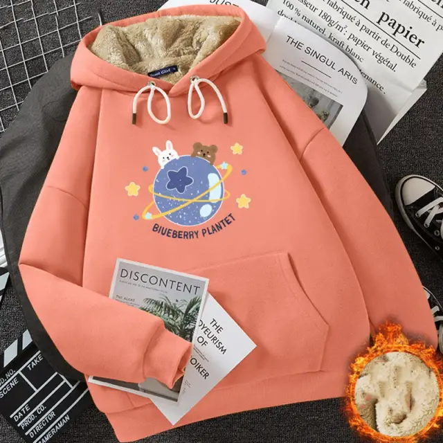 Cashmere Hoodie Women's Fleece lined Thickened Orange Planet Rabbit - Shop at LoveMi