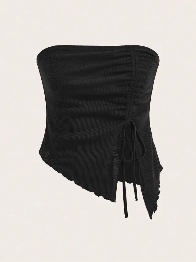 Drawstring Slit Irregular Waffle Slim Tube Top Black - Shop at LoveMi