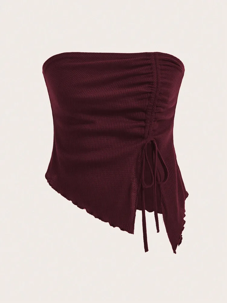 Drawstring Slit Irregular Waffle Slim Tube Top - Wine Red