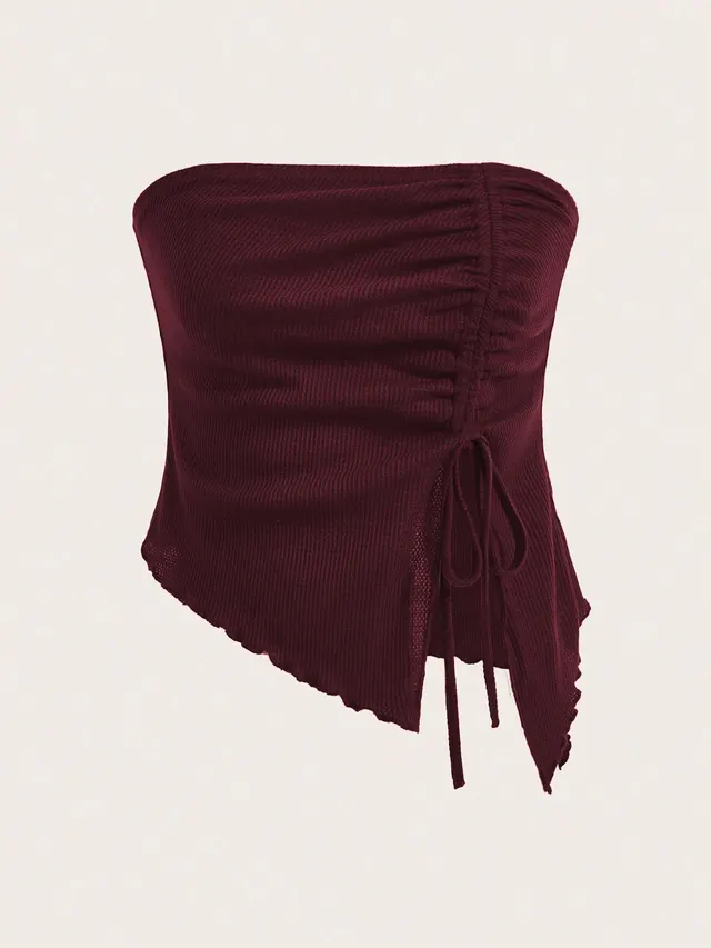 Drawstring Slit Irregular Waffle Slim Tube Top Wine Red - Shop at LoveMi