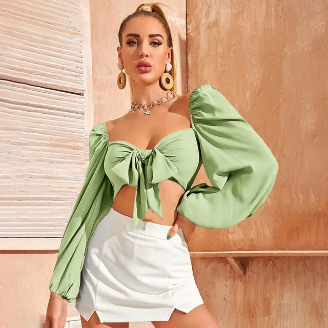 Ultra Short Lace Up Slim Fit Puff Sleeve Long Sleeve Top Light Green - Shop at LoveMi