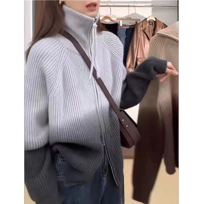 Gradient Color Elegant Knitted Cardigan Lapel Loose Zip Slimming Sweater Gray Blue - Shop at LoveMi