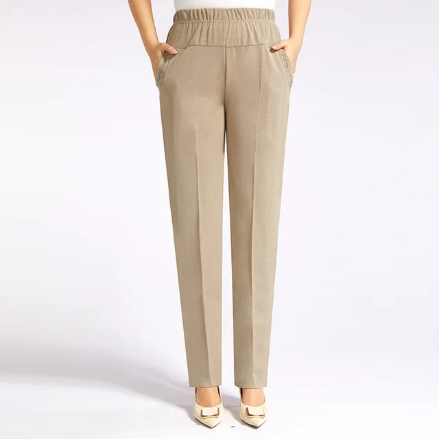 Summer Thin Ice Silk Casual Pants High Waist Elastic Plus Size Beige - Shop at LoveMi