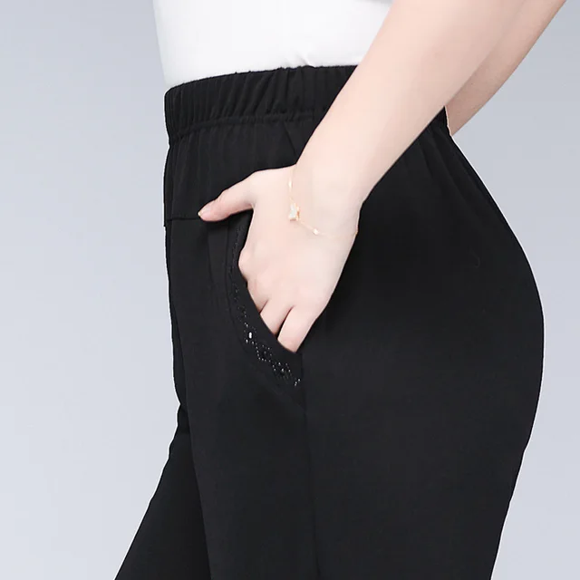 Summer Thin Ice Silk Casual Pants High Waist Elastic Plus Size Black - Shop at LoveMi