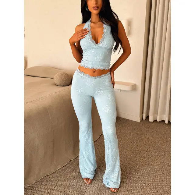 Women's Lace Athletic Clothing Blouse And Pants Blue - Shop at LoveMi