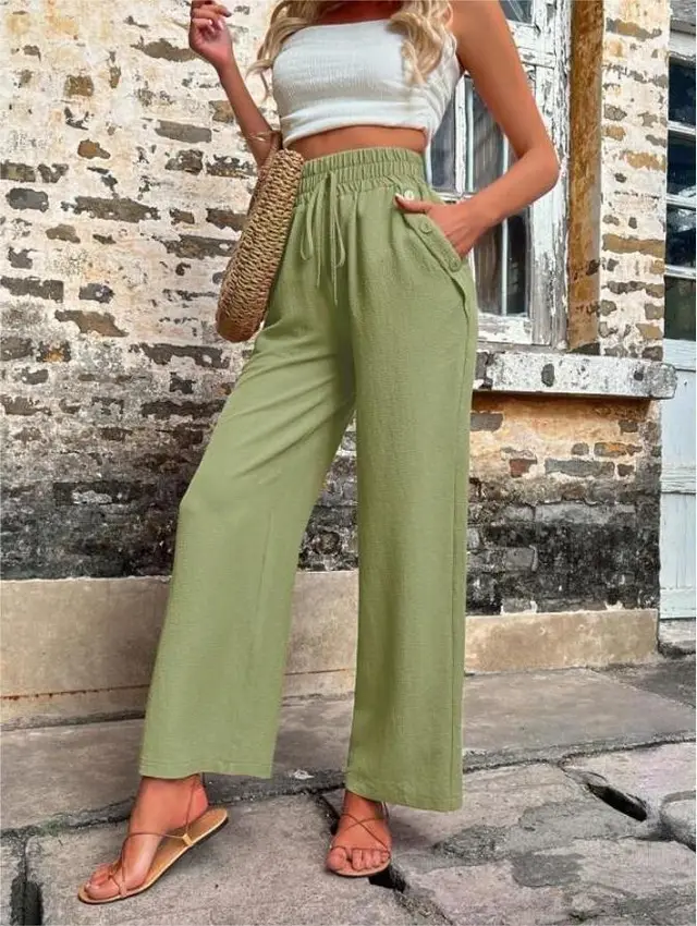 Casual Elastic High Waist Loose Trousers Army Green - Shop at LoveMi